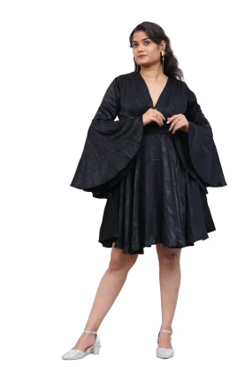 Women's Jet Black Flared Mini Dress with Bell Sleeves