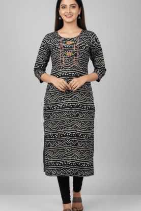 Women's Black Printed and Embroidered Rayon Kurti