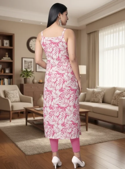 Pink and White Leaf-Printed Sleeveless Kurta back