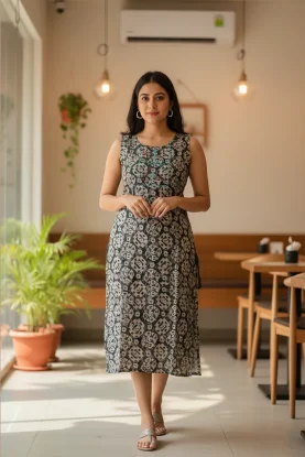 Sleeveless Printed Cotton Kurti | Grey & White Ethnic Wear for Women