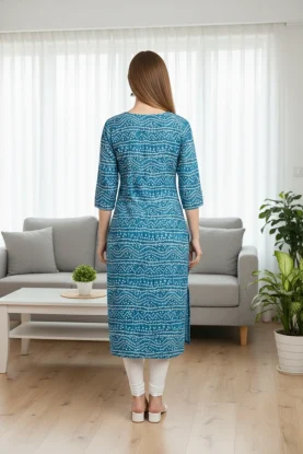 Women’s Blue Printed and Embroidered Rayon Kurti back