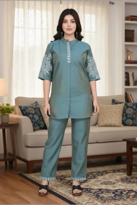 Elegant Livid Cotton Silk Tunic Set with Intricate White Embroidery